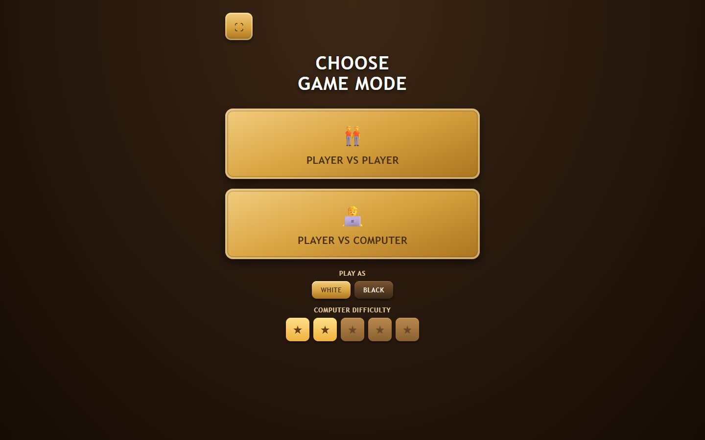 Chess Game mode, color, and five-level difficulty setup