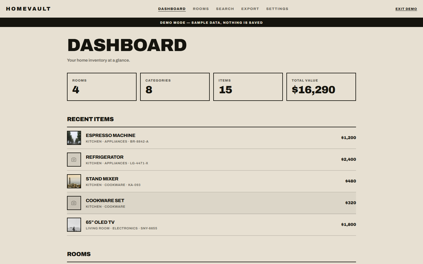 HomeVault demo inventory dashboard