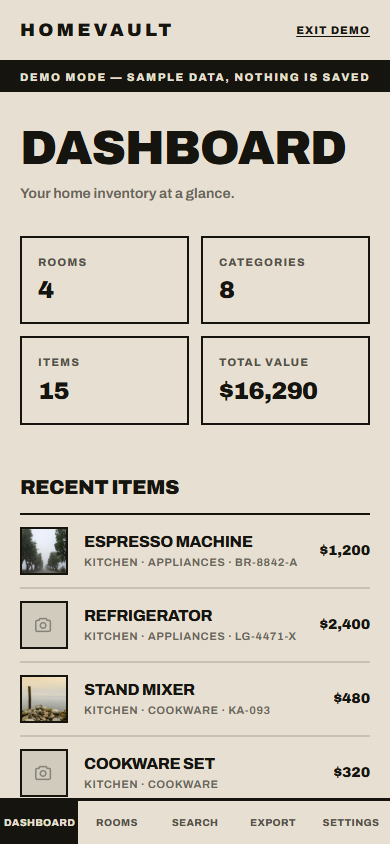 HomeVault responsive dashboard on a narrow mobile viewport