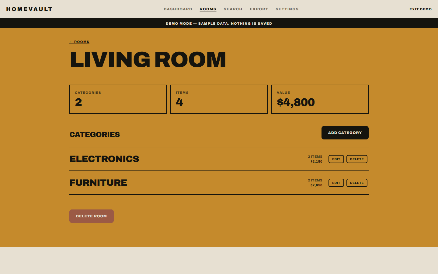 HomeVault room and category detail using demo data