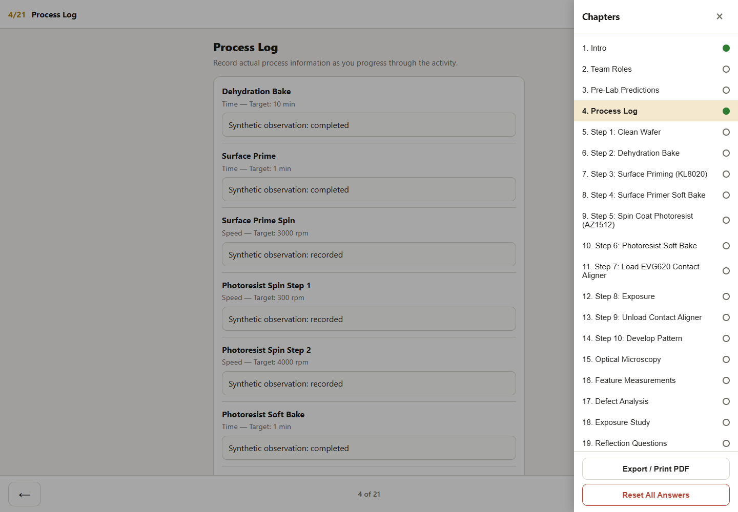 Lithography Workbook chapter menu and progress state