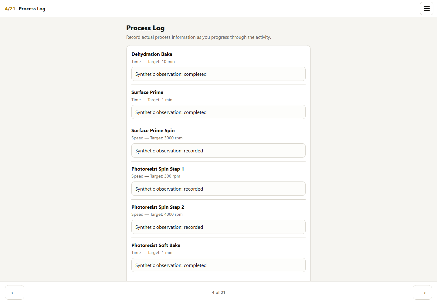 Process log populated with explicitly synthetic demonstration entries