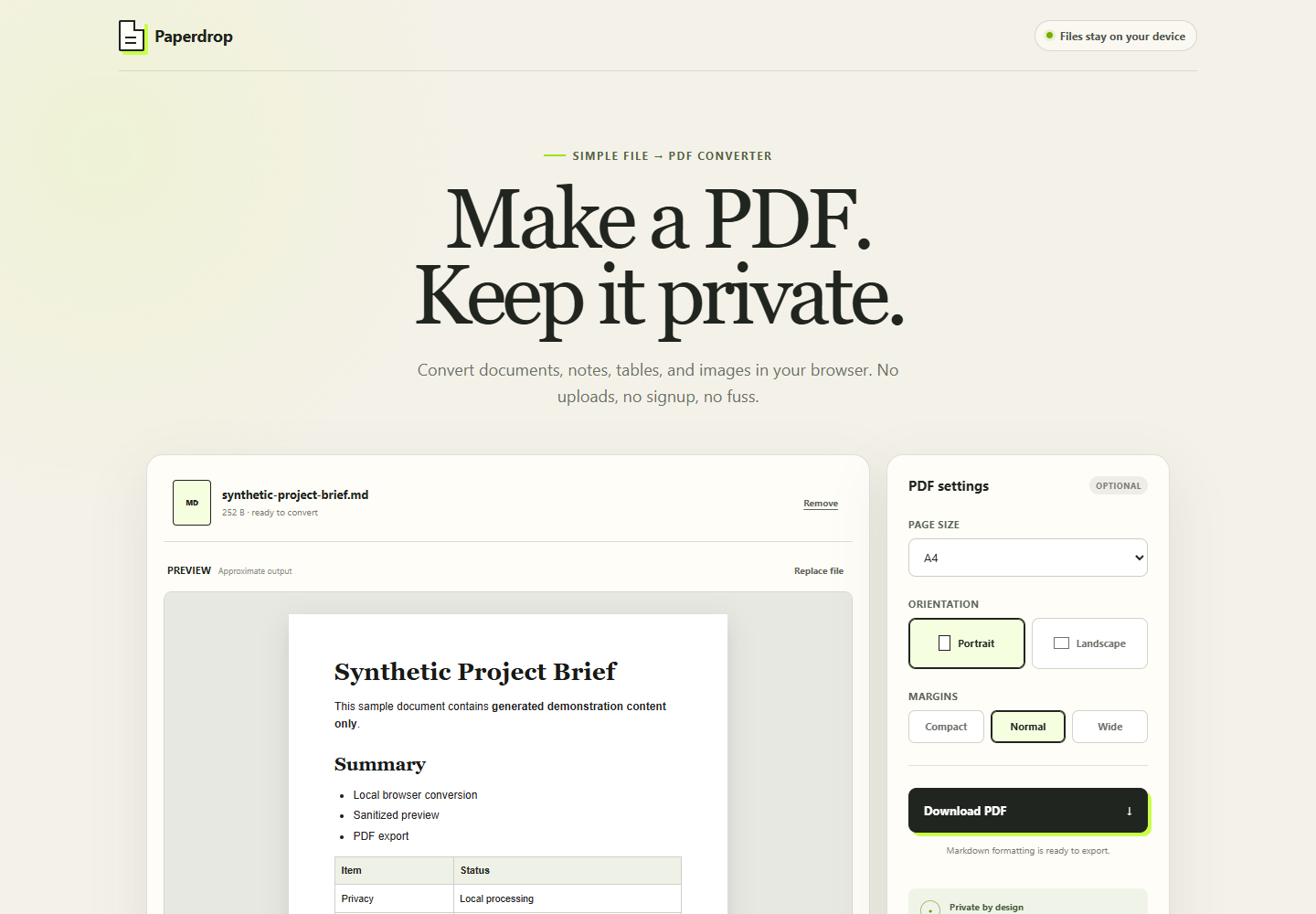 Paperdrop previewing a synthetic Markdown document