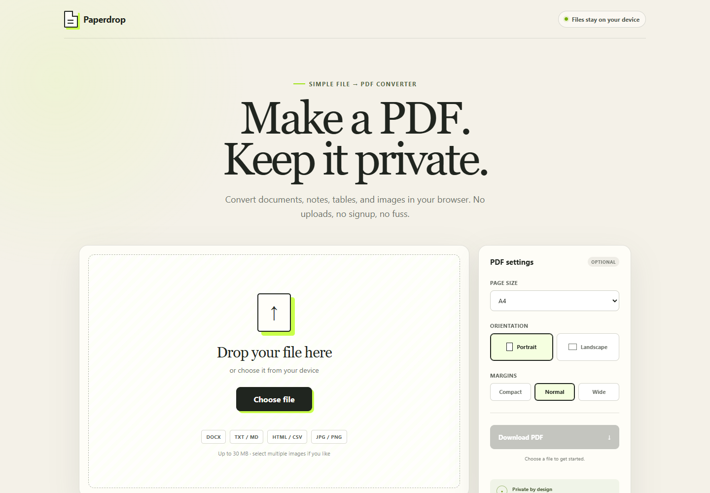 Paperdrop private browser file-to-PDF interface