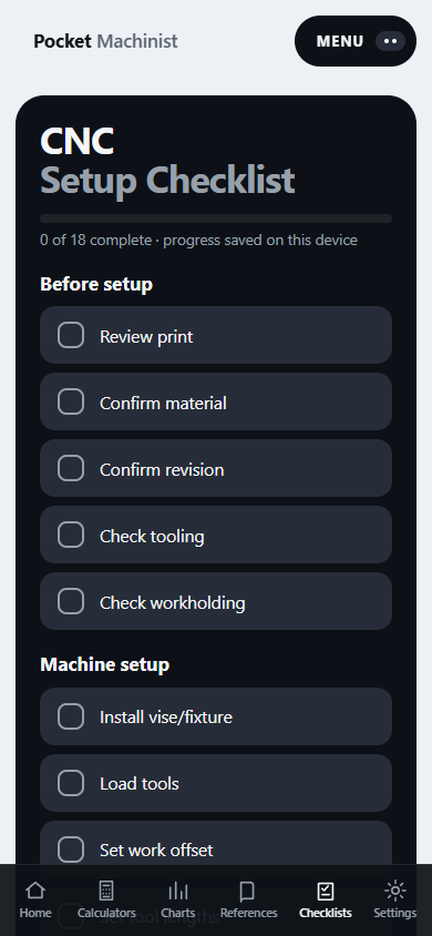 Pocket Machinist CNC setup checklist on a mobile viewport