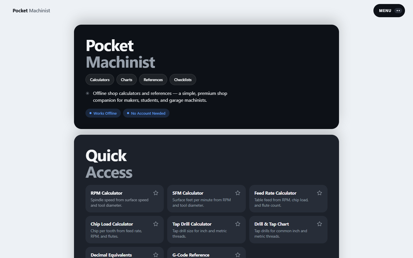 Pocket Machinist web home and quick-access tools
